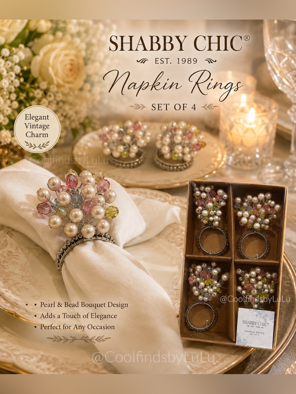Shabby Chic Pearl Napkin Rings with Pink, Blue & Green Beads - Set of 4
